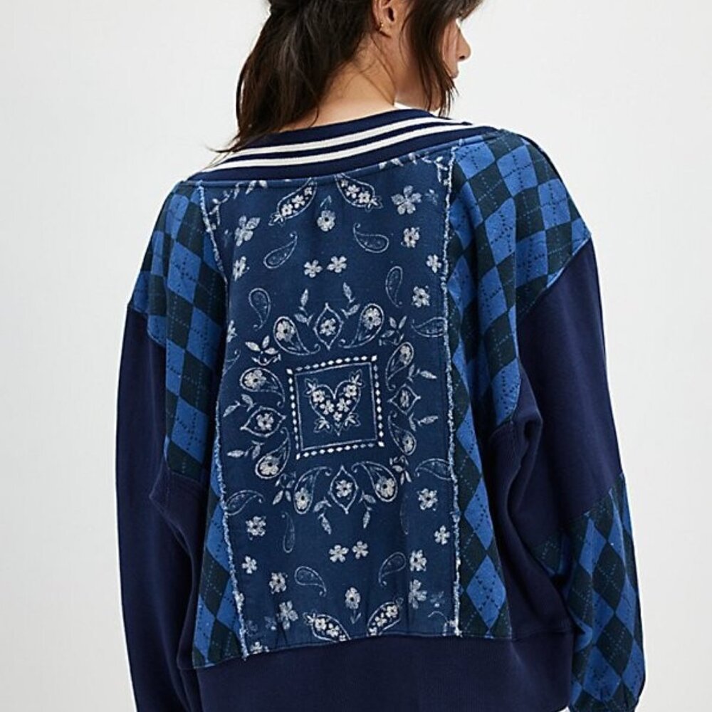 NWT Free People sz XS Lucy Sweatshirt Top Argyle/Bandana - Picture 2 of 3